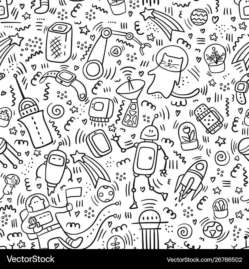 Robot & Tech Space Doodle Pattern Vector Image