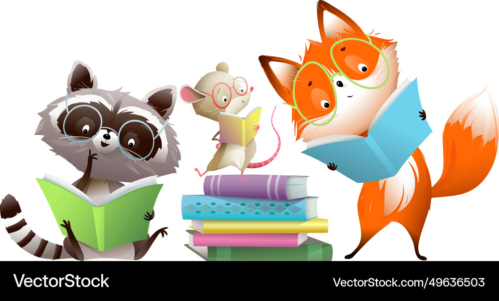 Fox raccoon and mouse animals reading story books Fox raccoon and mouse animals reading story books vector image