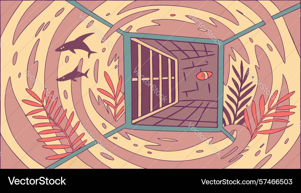 Overhead view into barred enclosure with abstract vector image