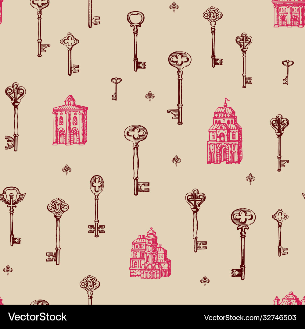 Seamless pattern with old keys and buildings Seamless pattern with old keys and buildings vector image