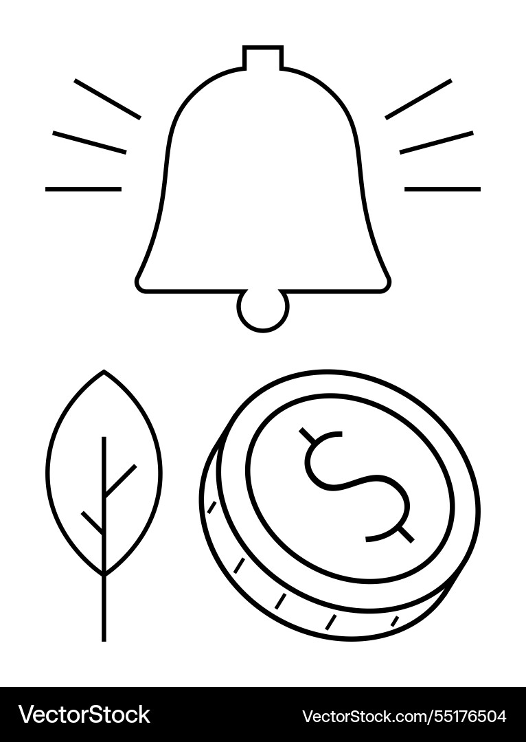 Bell with sound waves leaf and coin representing Bell with sound waves leaf and coin representing vector image