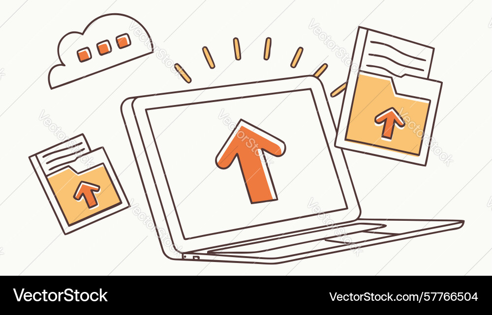 Cloud file upload laptop with arrows indicating vector image