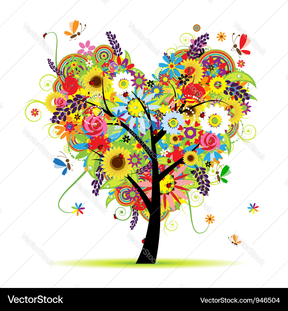 Floral Heart Tree with Summer Blooms Vector Image