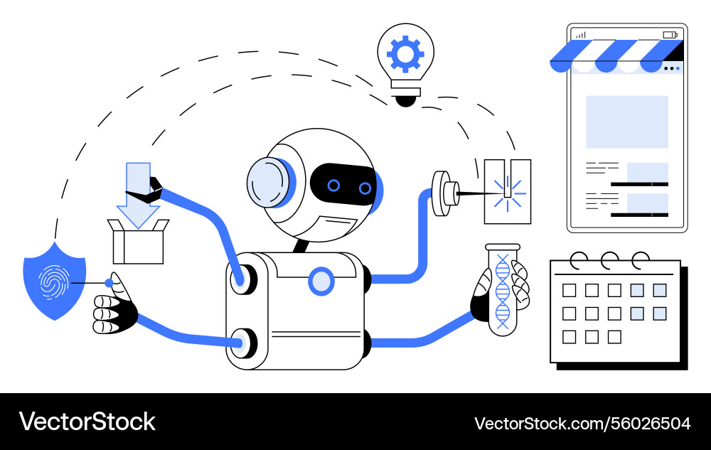 Multi-tasking robot conducting experiments Multi-tasking robot conducting experiments vector image