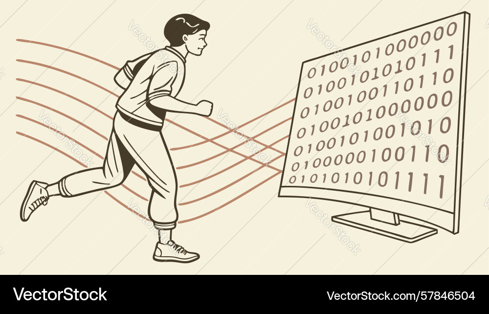 Person running on digital binary code pathway vector image