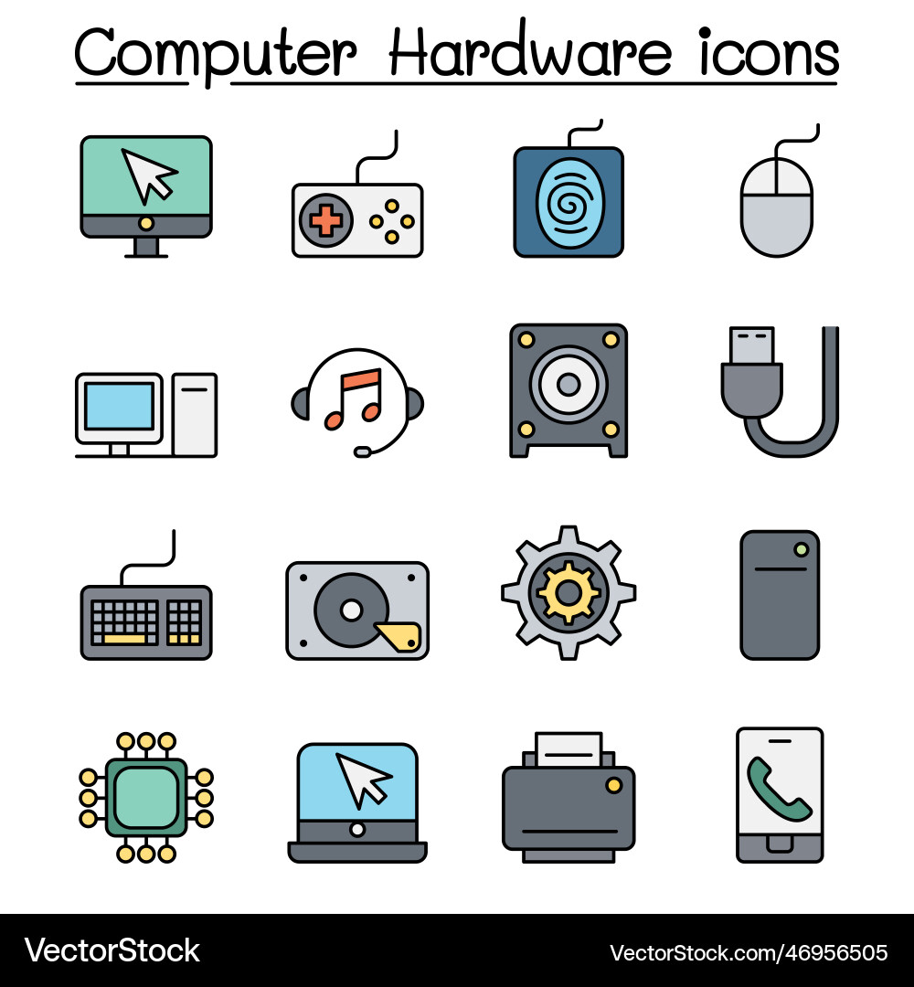 Computer hardware color line icon set vector image