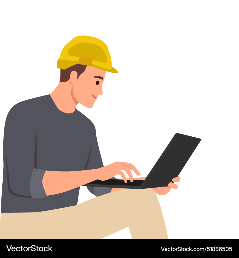 Engineer in work uniform using laptop computer Engineer in work uniform using laptop computer vector image