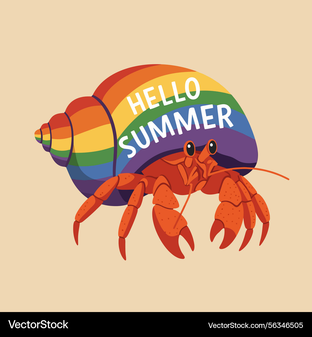 Hermit crab with rainbow shell and hello summer vector image