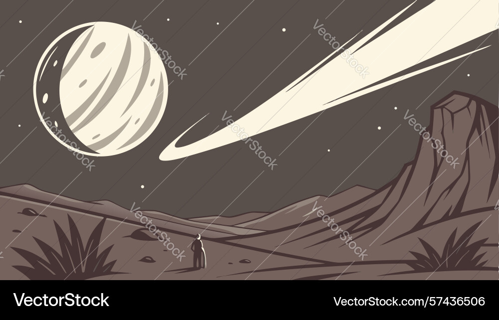 Ringed planet and comet in cosmic abstract vector image