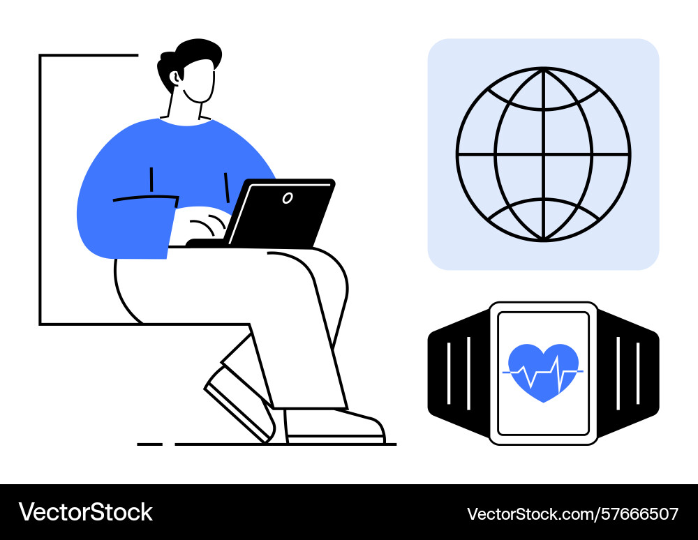 Man using laptop with global connectivity Man using laptop with global connectivity vector image