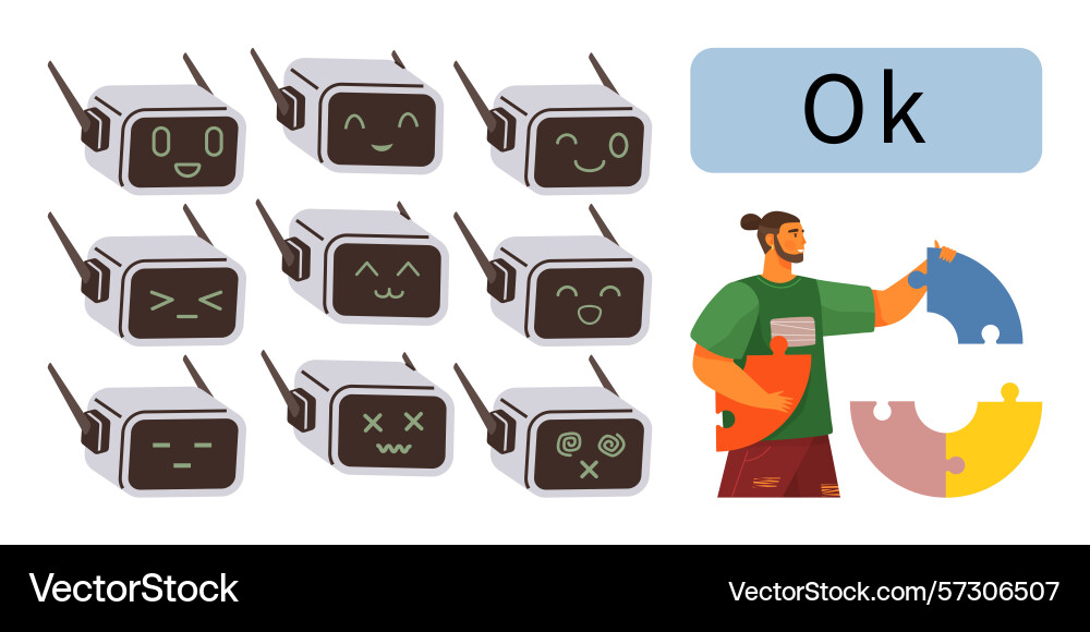 Person assembling puzzle pieces with robots Person assembling puzzle pieces with robots vector image