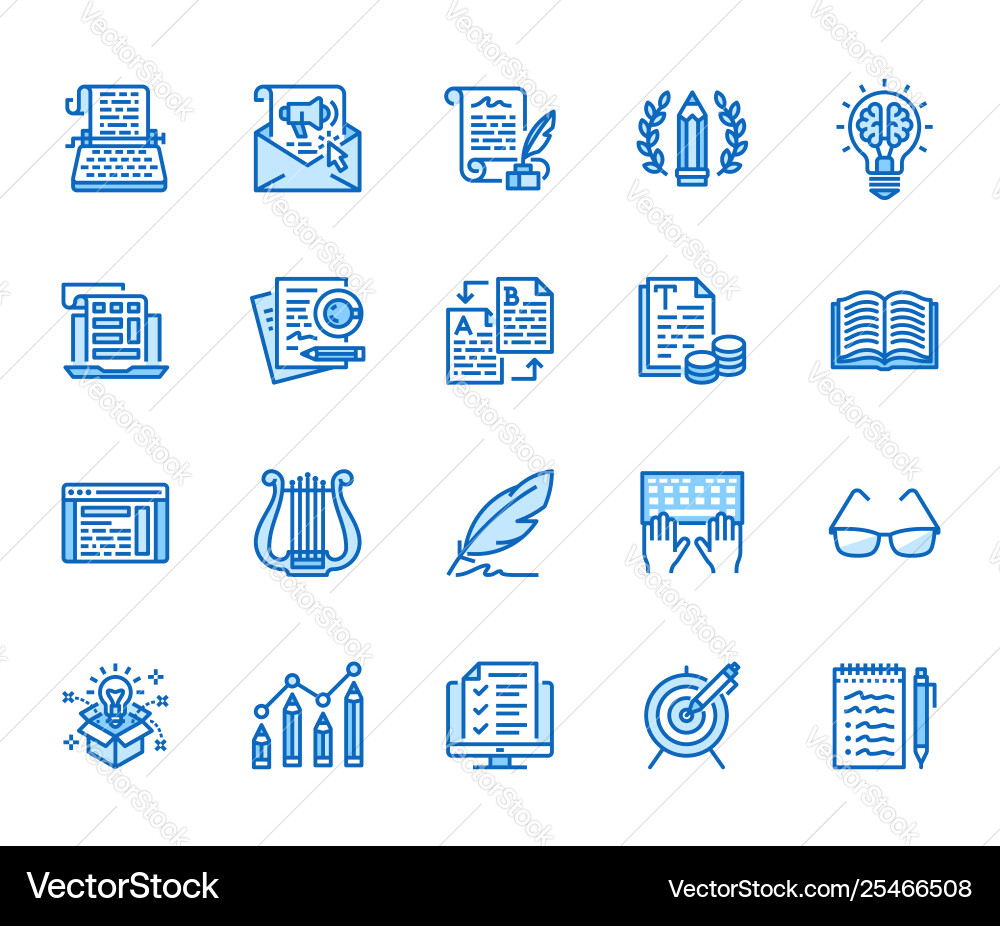 Copywriting flat line icons set writer typing vector image