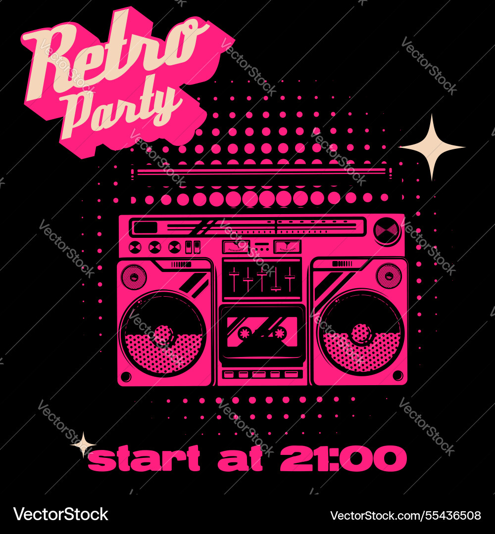 Retro party poster template with boombox Retro party poster template with boombox vector image