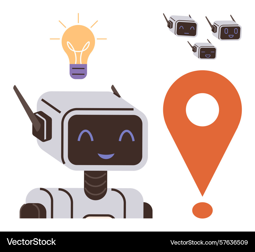 Friendly robot with light bulb idea and location vector image