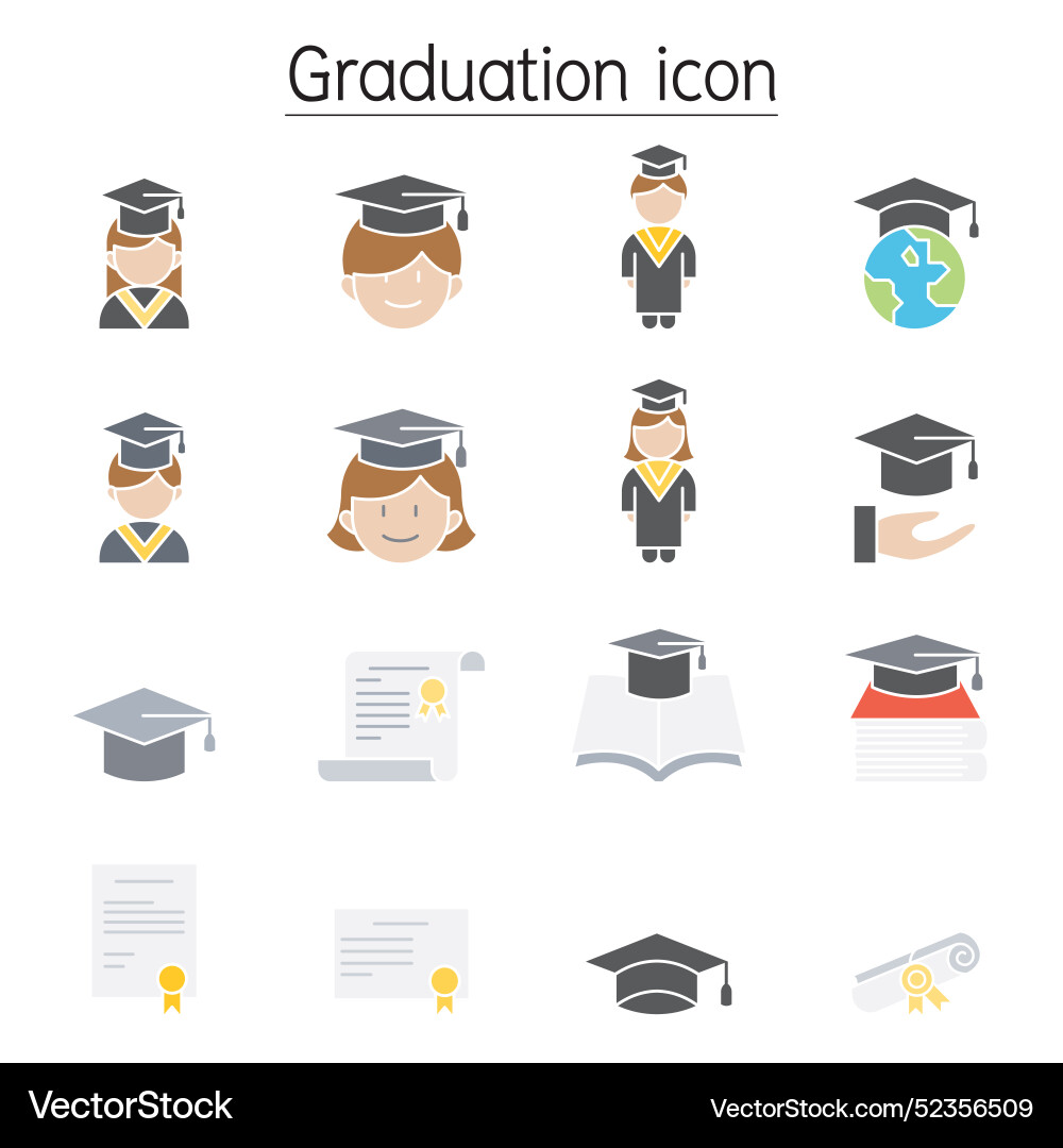 Graduation icon set in flat color style Royalty Free Vector
