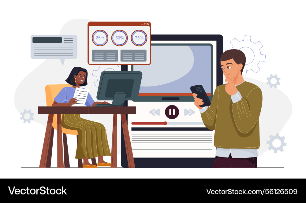 Office teamwork and data analysis scene Office teamwork and data analysis scene vector image