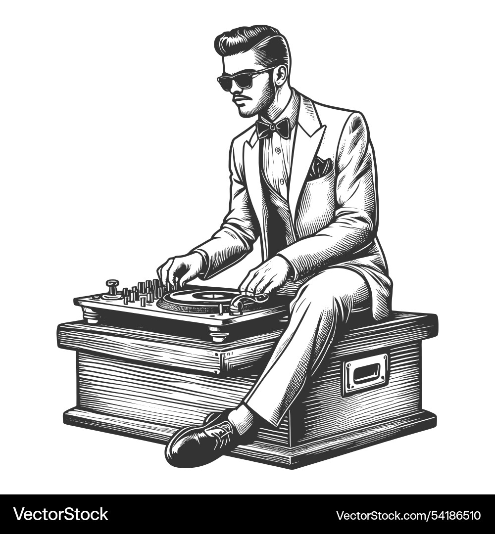 Dj spinning vinyl record engraving – Lizenzfreie Vektorgrafik | VectorStock, image size:1000x1080