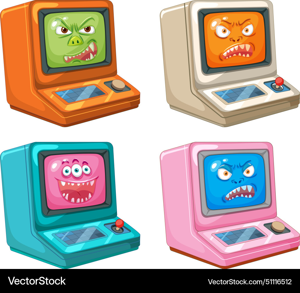 Four animated computers with expressive monster Four animated computers with expressive monster vector image