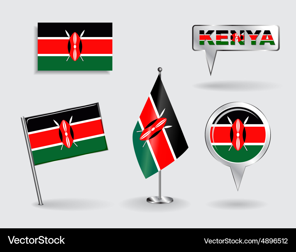 Set of kenyan pin icon and map pointer flags vector image