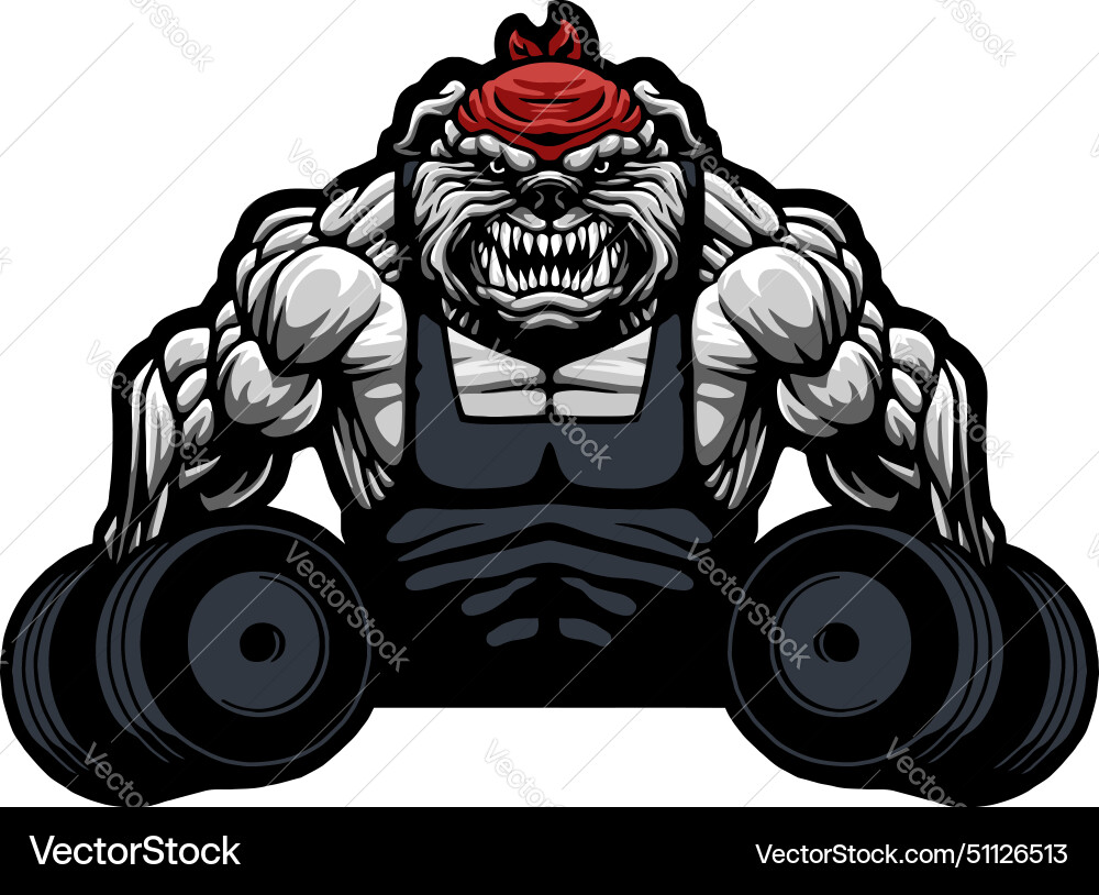 Angry muscular bulldog with heavy dumbbells Vector Image