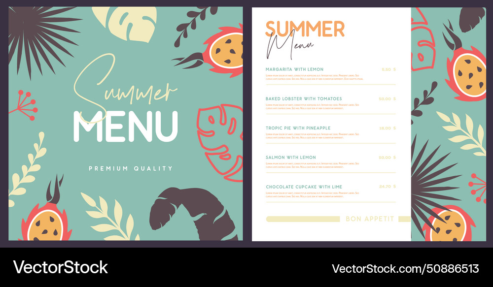 Sommer Restaurant Menü Design mit tropischen Blättern Sommer Restaurant Menü Design mit tropischen Blättern vektorbild