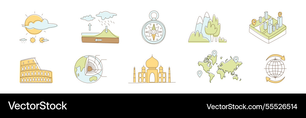 Flat line travel icon and object set Flat line travel icon and object set vector image