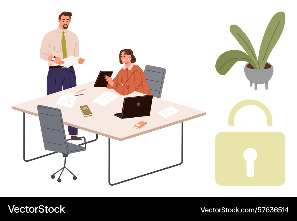 Office discussion on document security with lock Office discussion on document security with lock vector image