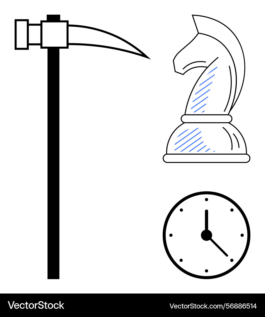 Pickaxe chess knight and clock symbolizing Pickaxe chess knight and clock symbolizing vector image