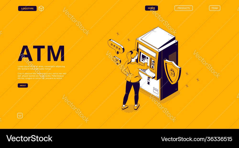 Atm automated teller machine isometric landing Atm automated teller machine isometric landing vector image