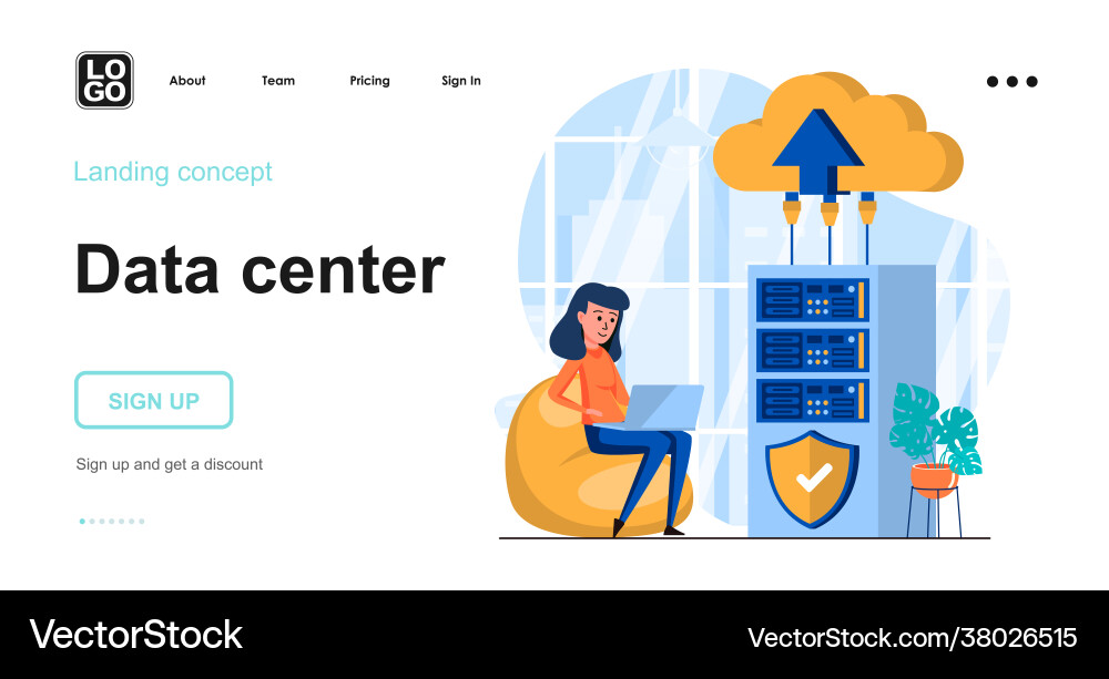 Data center web concept engineer works in server vector image