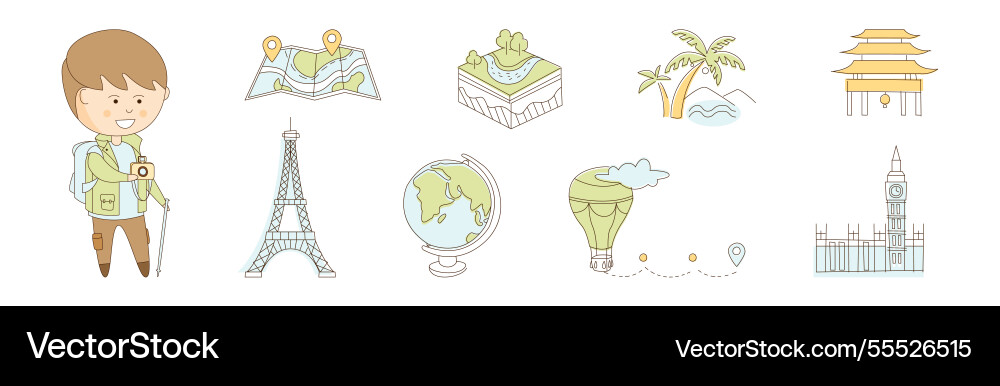 Flat line travel icon and object set Flat line travel icon and object set vector image