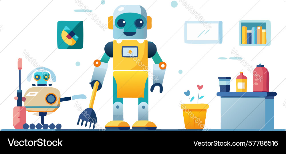 Robots cleaning a room design generative ai Vector Image