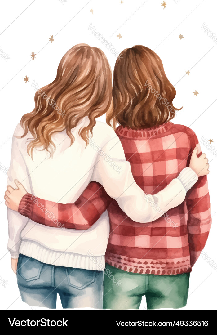 Two girls friends hugging each other on christmas Two girls friends hugging each other on christmas vector image