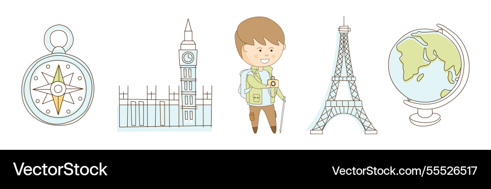 Flat line travel icon and object set Flat line travel icon and object set vector image
