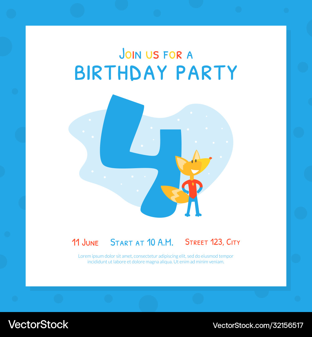 Happy 4th birthday invitation card template Happy 4th birthday invitation card template vector image