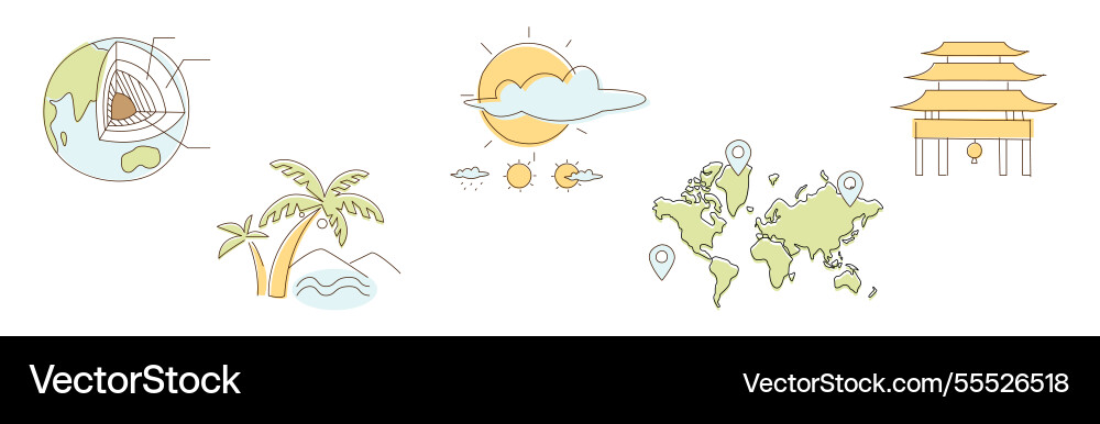 Flat line travel icon and object set Flat line travel icon and object set vector image