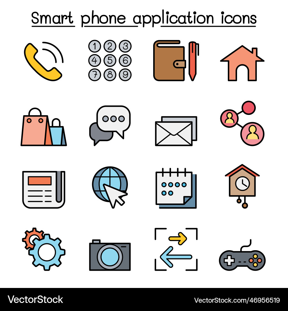 Basic smart phone application color line icon set Basic smart phone application color line icon set vector image