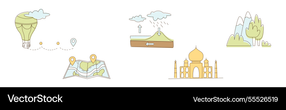 Flat line travel icon and object set Flat line travel icon and object set vector image