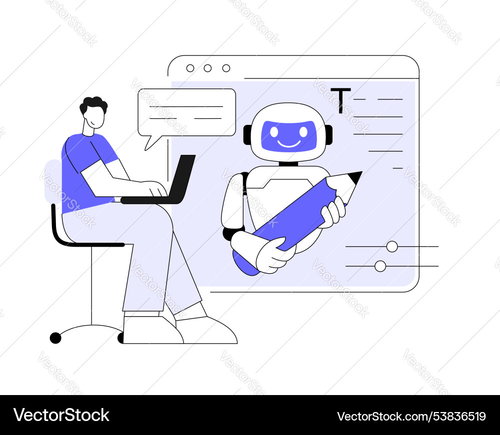 Man uses chatbot or ai assistant to generate text Man uses chatbot or ai assistant to generate text vector image