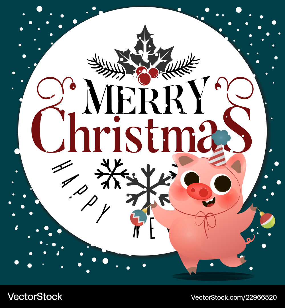 Cartoon cute piggy with xmas tree toys greeting Cartoon cute piggy with xmas tree toys greeting vector image