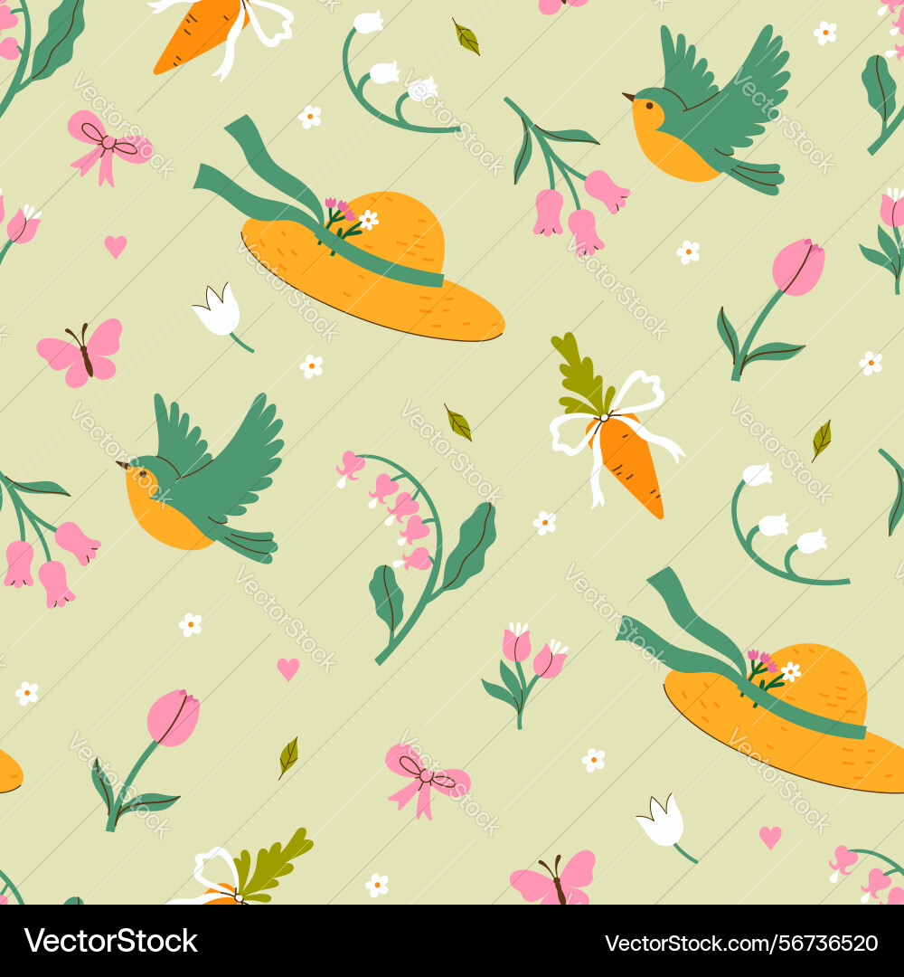 Garden spring seamless pattern with hats birds Garden spring seamless pattern with hats birds Vector Image
