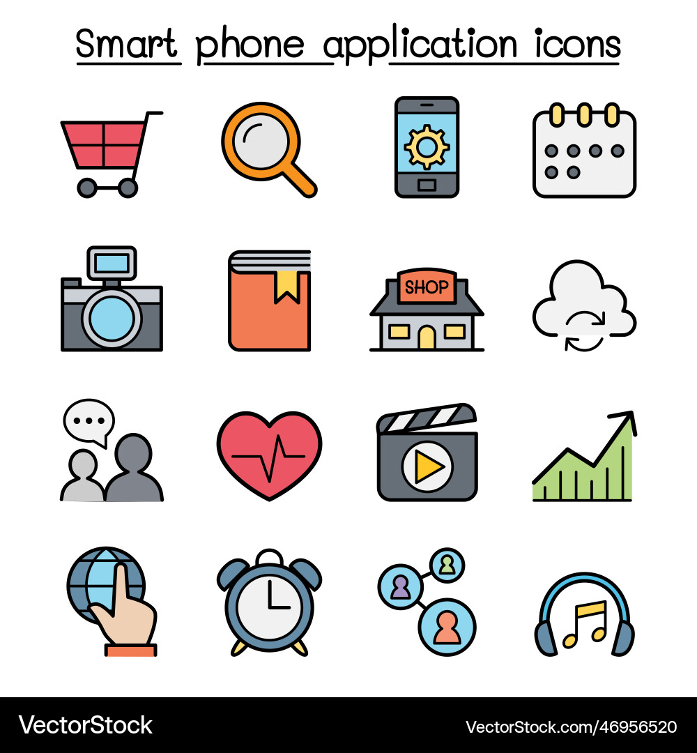 Smart phone application color line icon set Vector Image