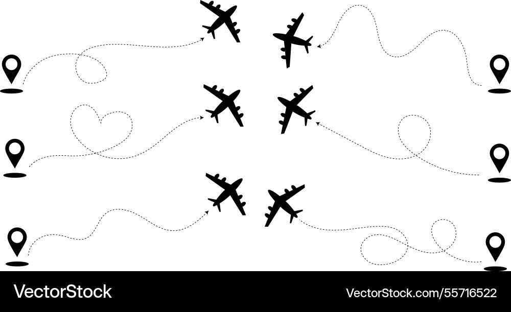 Airplane with start and end point line path Airplane with start and end point line path Vector Image