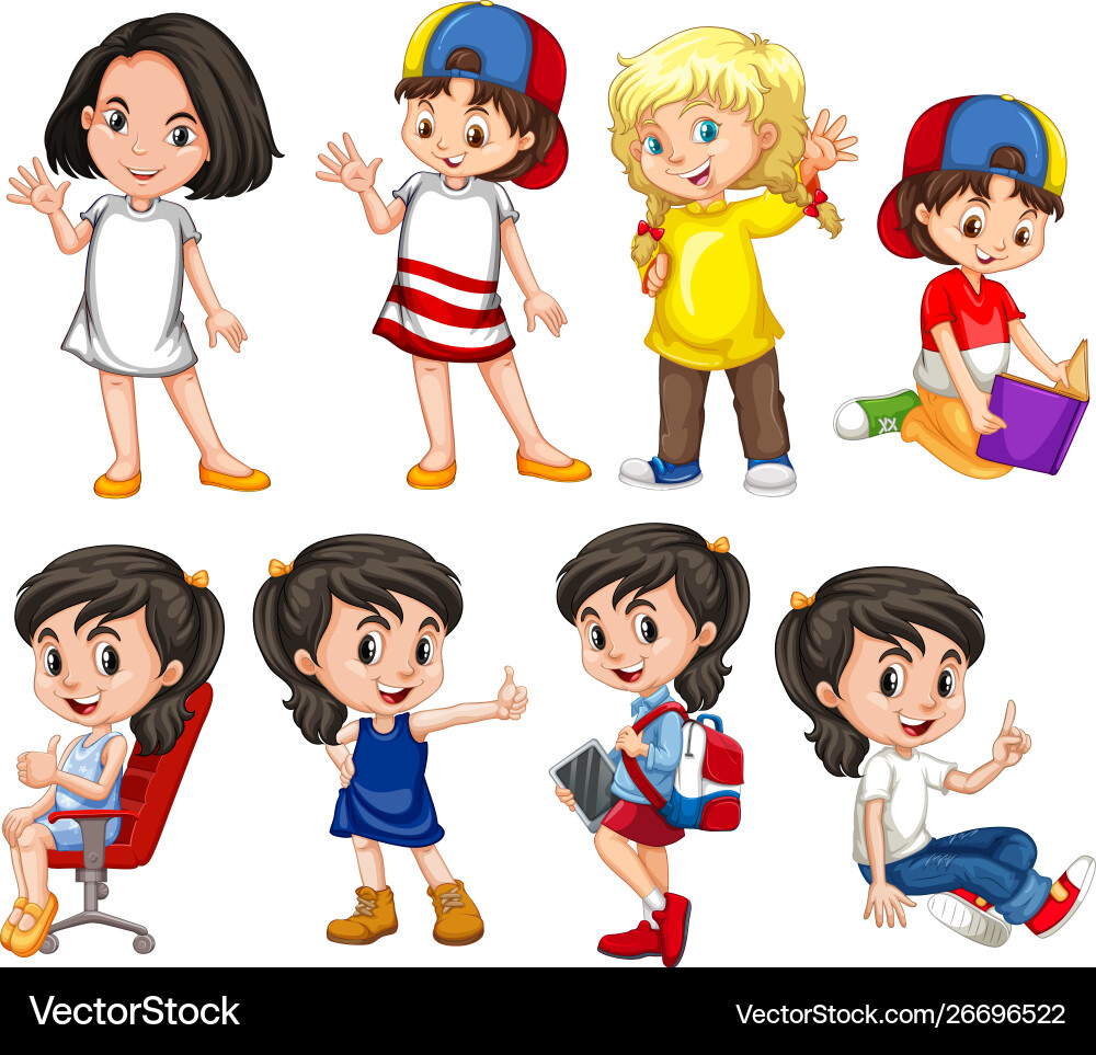Girls with happy face doing in different actions Girls with happy face doing in different actions vector image