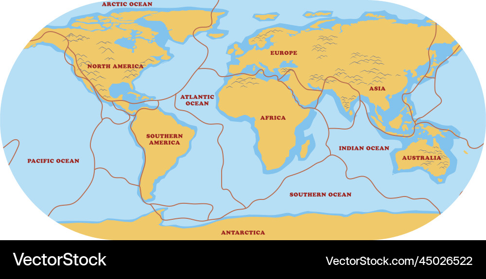 Map of tectonic plates and boundaries vector image