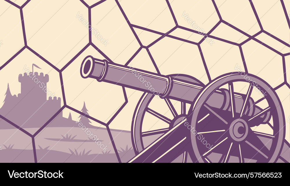 Classic cannon on hexagonal grid backdrop design vector image
