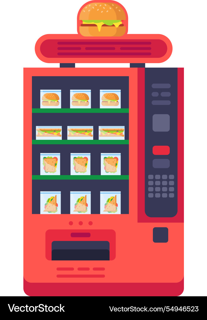 Red vending machine displaying packaged burgers Red vending machine displaying packaged burgers vector image