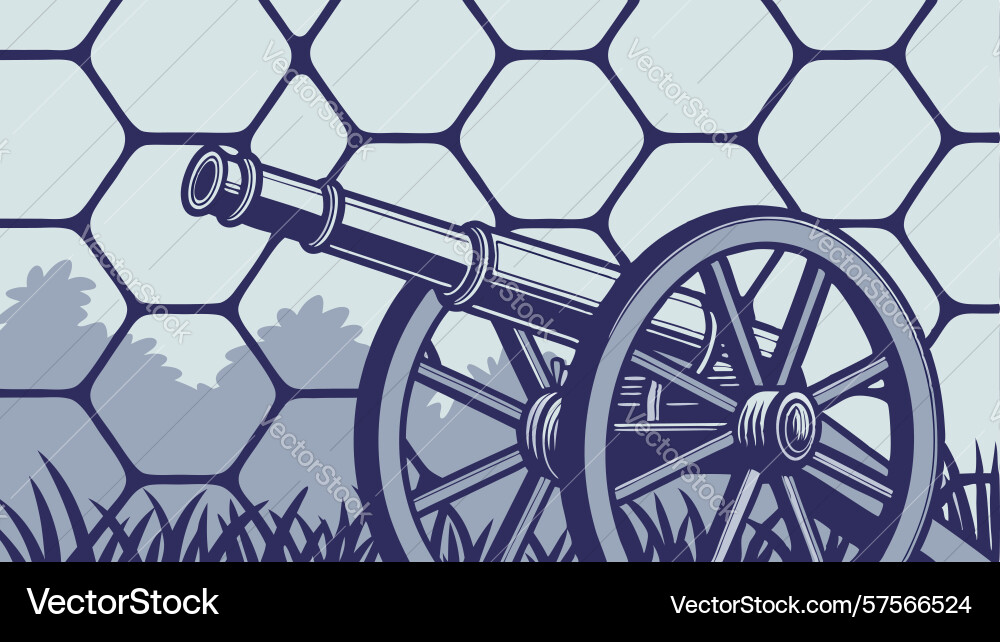 Ancient cannon with hexagonal fortress grid vector image
