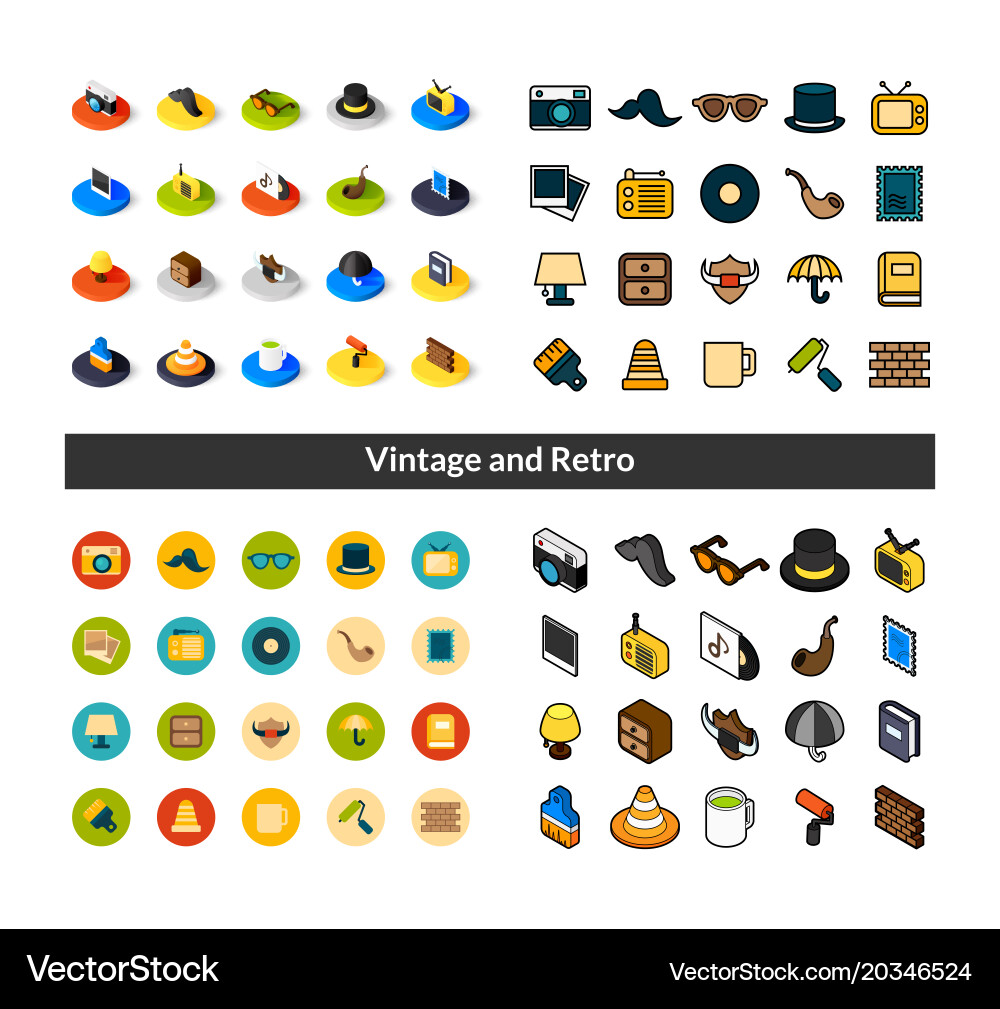 Set of icons in different style - isometric flat vector image