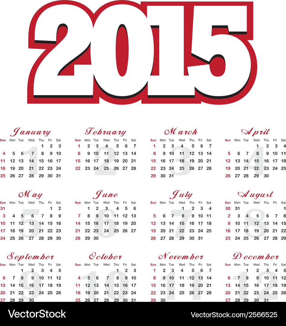 2015 Calendar (2566525) – Royalty-Free Vector | VectorStock, image size:948x1080
